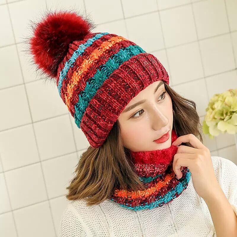 Hat Ladies Winter Trendy Autumn Winter Cute Versatile Knitted Mask Scarf Fleece Cycling Ear Protector Wool Cap