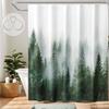 Green Shower Curtain for Bathroom Misty Forest Pattern, Nature Woodland Artistic Shower Curtain Set with Metal Hooks, Waterproof
