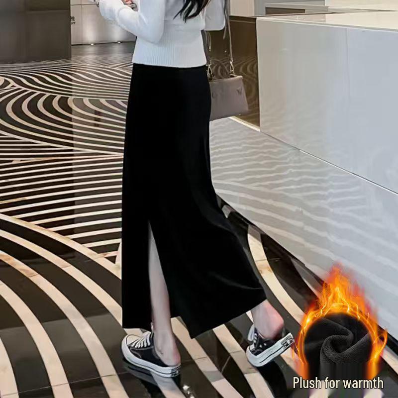 

Elegant Velvet Side Slit Skirt for Women - Slimming, Versatile, Solid Color, Autumn/Winter Collection L (55-73 kg)