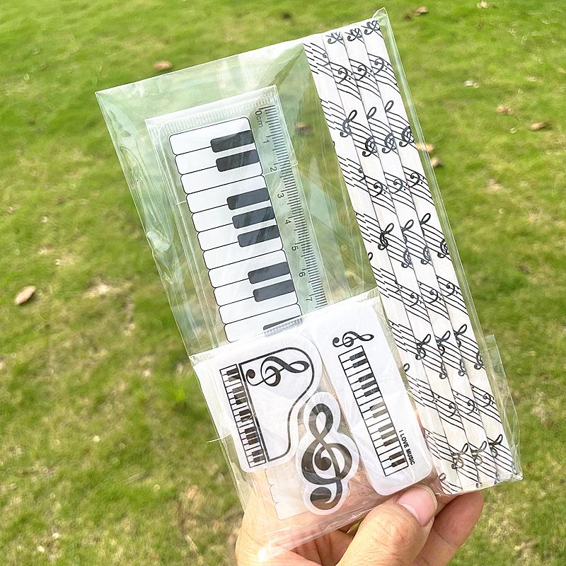Music Note Pattern Student Stationery: Wooden Pencil and Eraser Set for Children
