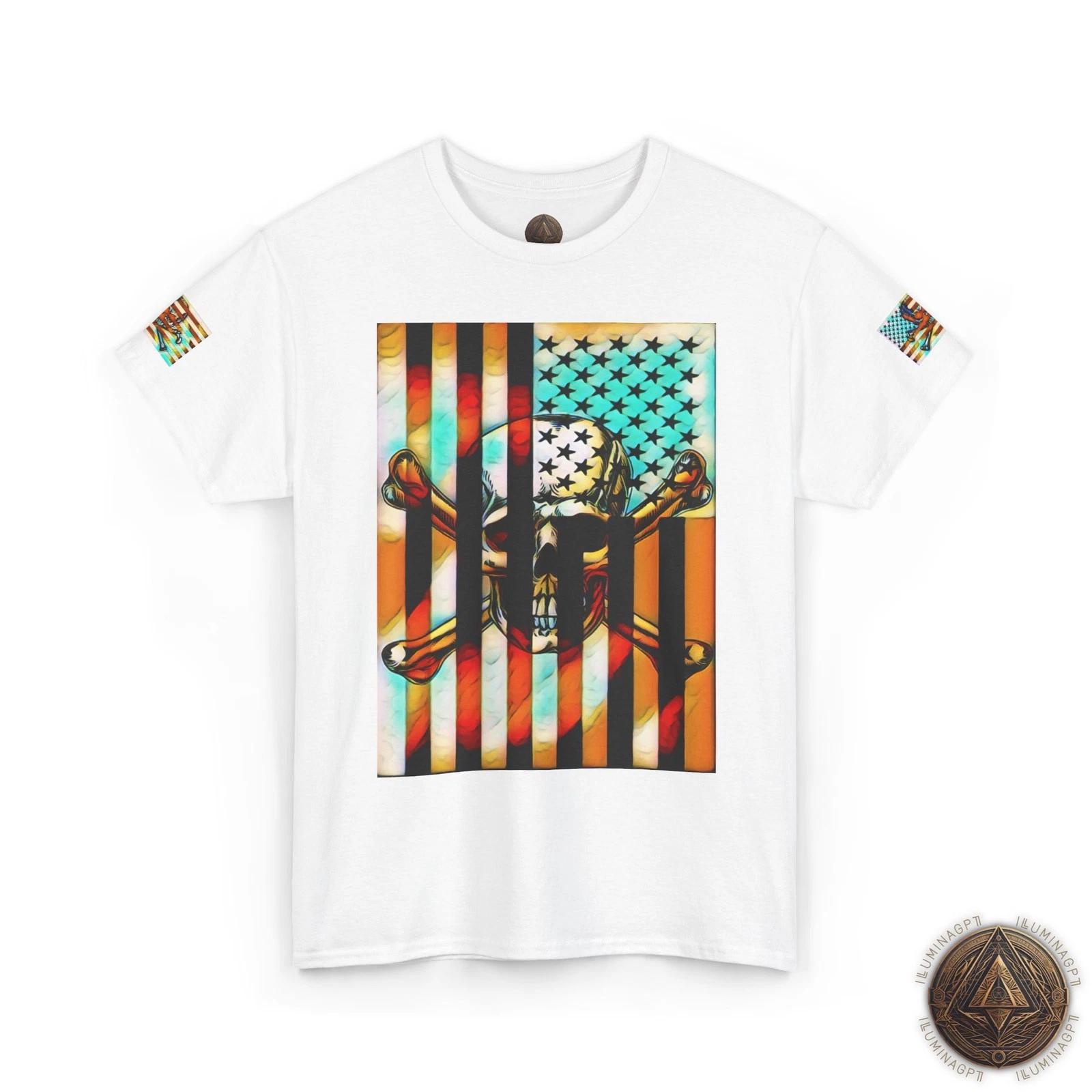Patriotic Distressed USA Flag Skull & Crossbones T shirt - Sunrise S