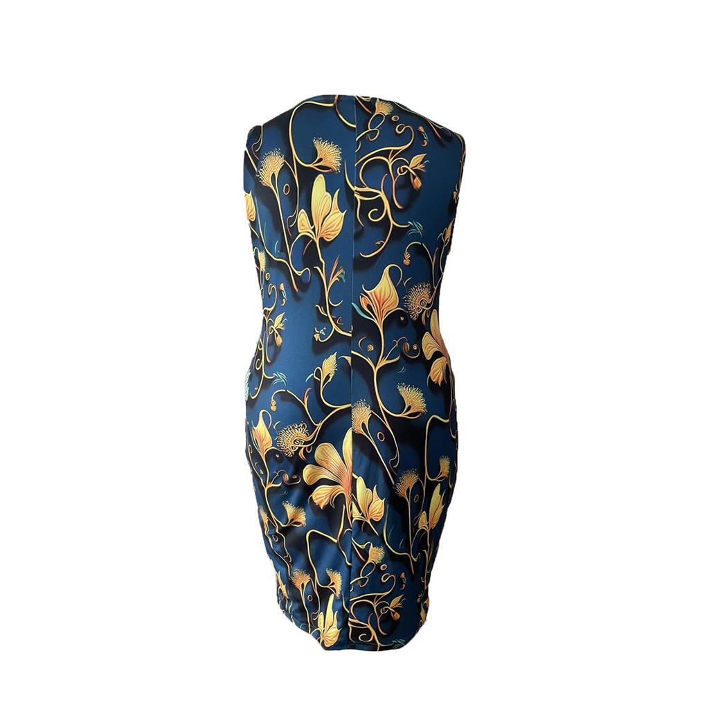 Women's Sleeveless Round Neck Print Elegant Tight Knee-length Dress
