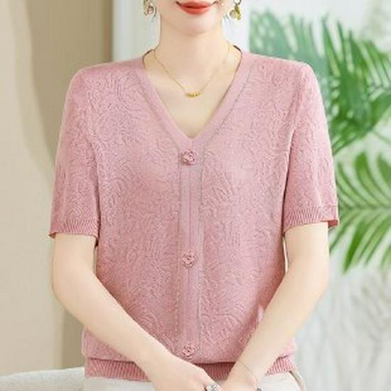 

Summer 2026 Stylish Knit T-Shirt for Middle-aged and Elderly Women XL рожевий