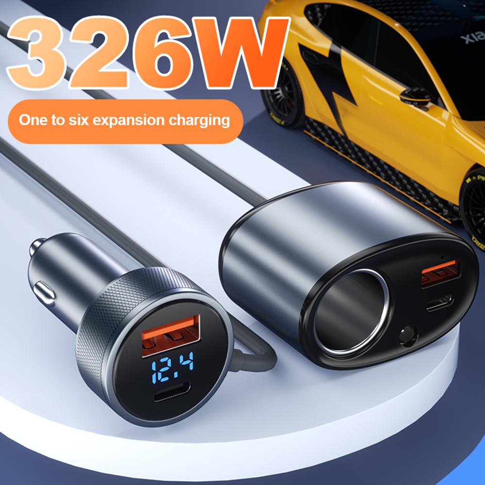 326W 6-in-1 Fast Car Charger Dual USB+PD Type-C Phone Power Socket Car Cigarette Lighter Splitter 12-24V Digital Voltmeter for Mini Starlink 4 Gens