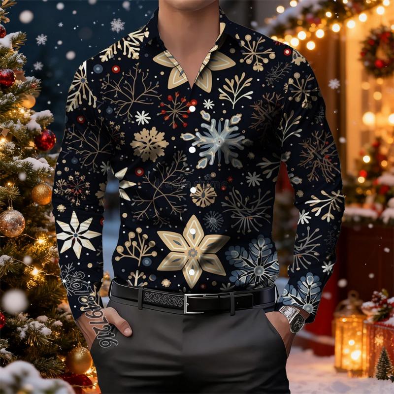 Christmas Luxury Men's Printed Long Sleeve Shirt Fashion Casual New Year Christmas Comfortable High Quality Men's Lapel Tops