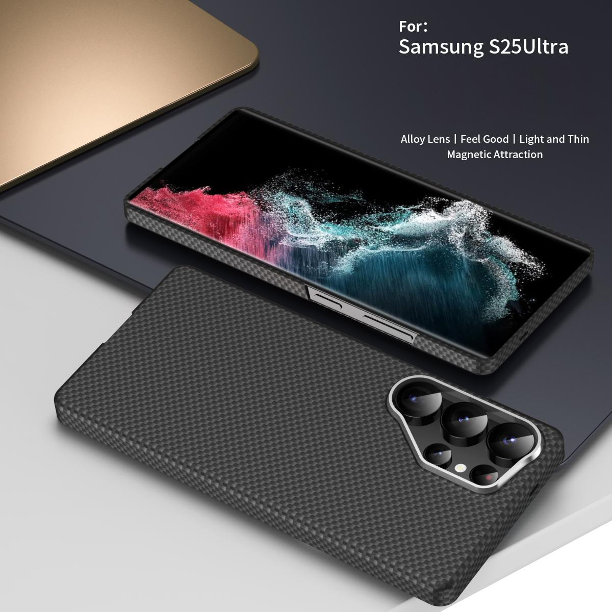 

For Samsung Galaxy S25 Ultra Compatible with MagSafe Metal+PC Phone Back Cover Carbon Fiber Texture Black