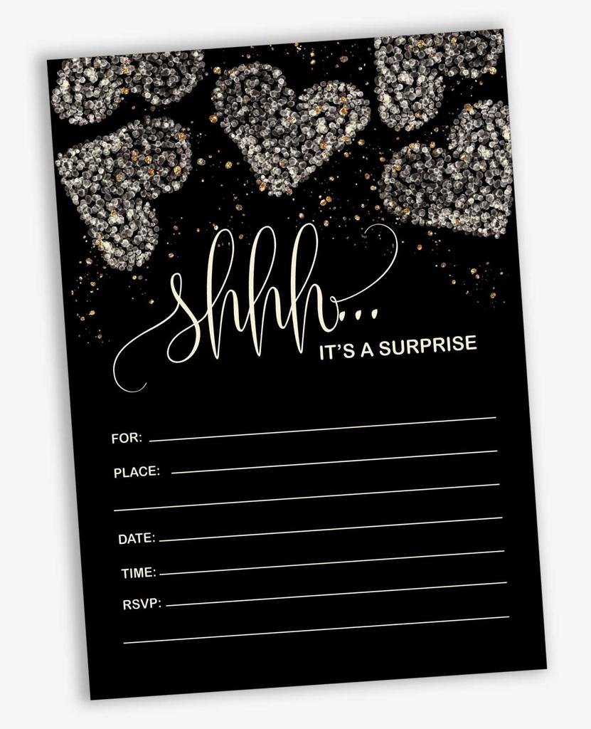 Inkdotpot Pack Of 30 Surprise Party Birthday Invitations With Envelopes, Black Retirement Party, Bridal Shower, Baby Shower Fill In Style Invites