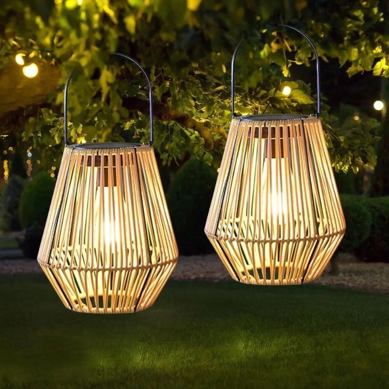 Boho-Style Handmade Solar Powered Rattan Chandelier - Waterproof Solar Light - with Handle, Ideal for Decorating Gardens
