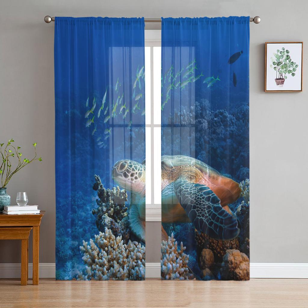 Blue Ocean Green Turtle Tulle Curtains For Living Room Bedroom Decoration Sheer Voile Window Curtains Party Drapes Panels