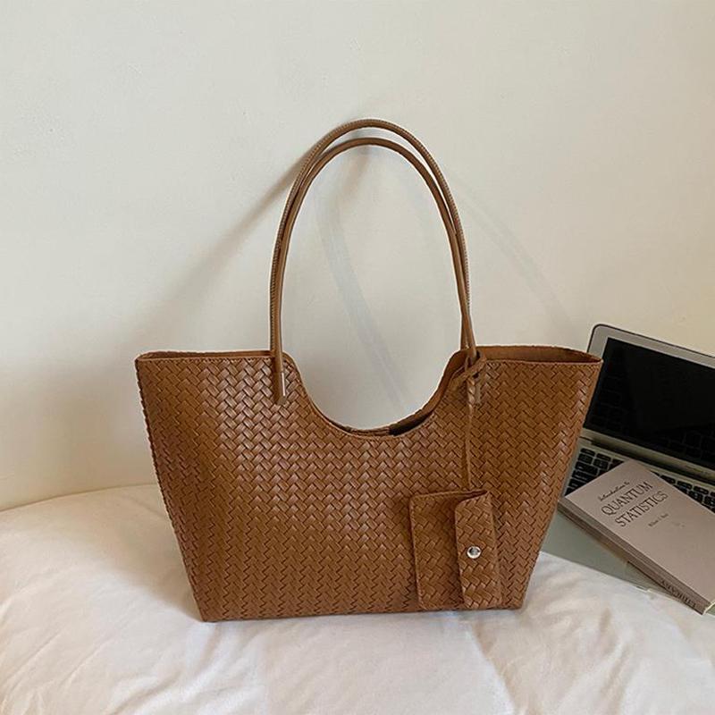 Vintage Woven Leather Tote Bag With Matching Pouch Large Capacity Shoulder Bag For Work Daily Commute Retro Casual Underarm Bag
