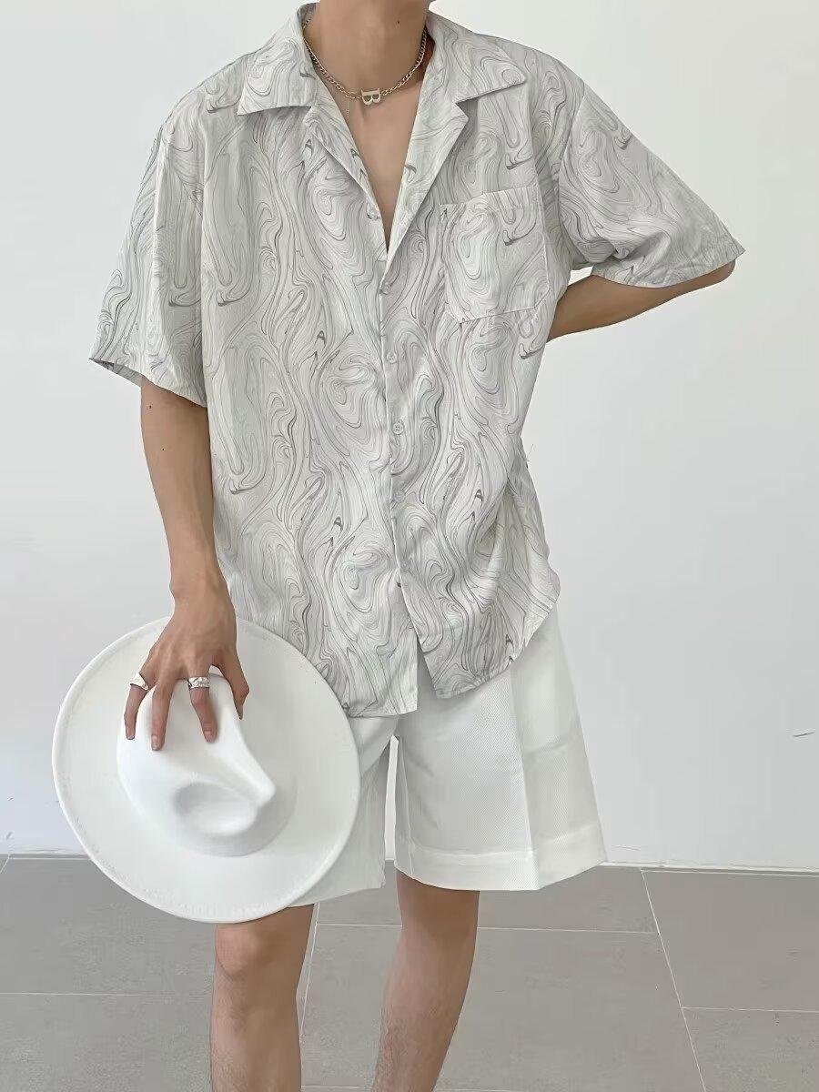 

Men Marble Swirl Print Cuban Collar Short Sleeve Button Down Shirt Casual Loose Breathable Summer Top S серый