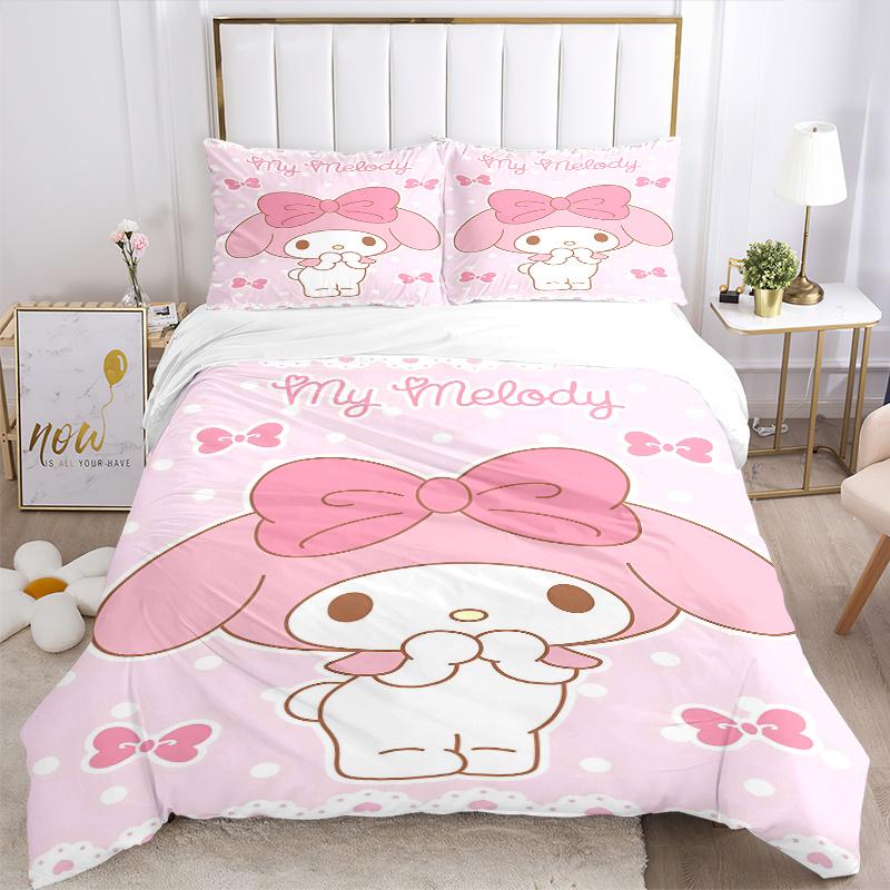 3pcs My Melody Cute Pink Bow Wallpaper Printed Quilt Set - Soft and Comfortable Quilt Cover for Bedroom, Guest Room H073