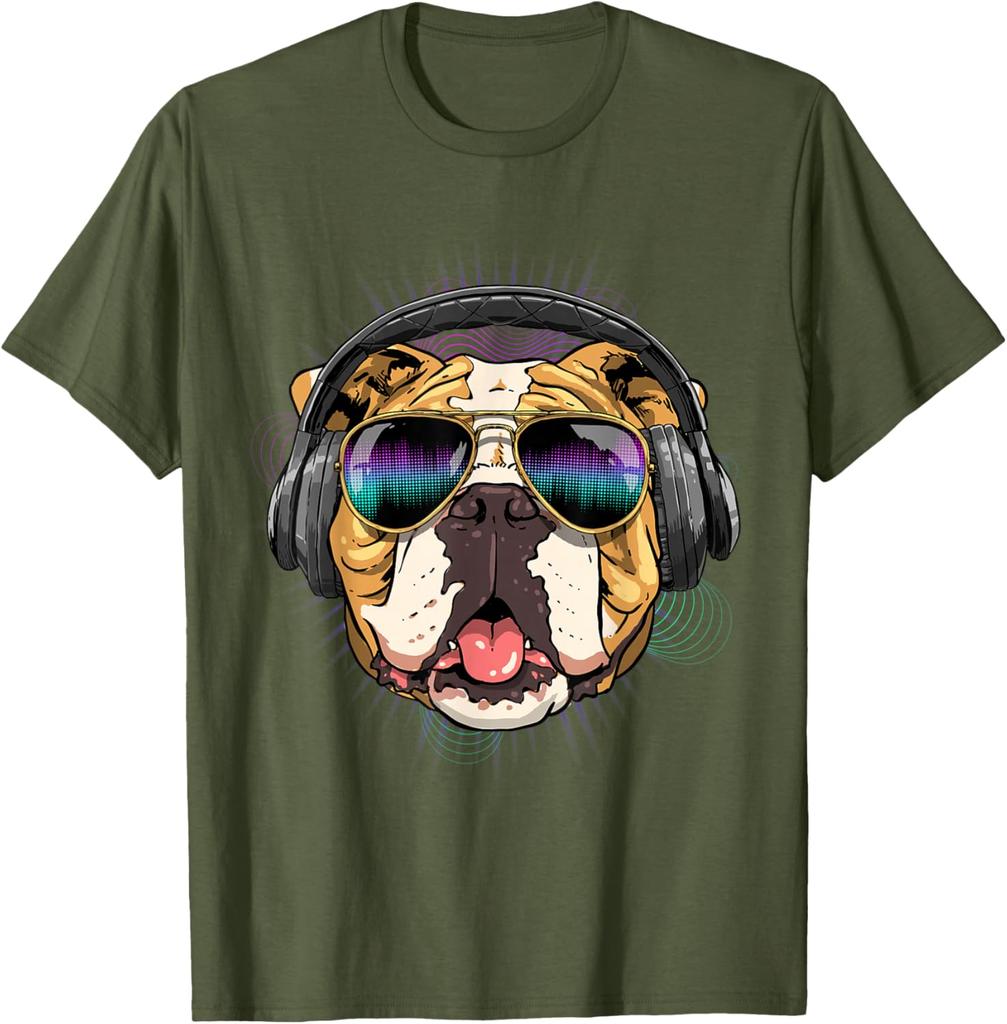 Music Bulldog DJ Headphones Graphic Tee Men Casual Cotton Short Sleeve T-Shirt
