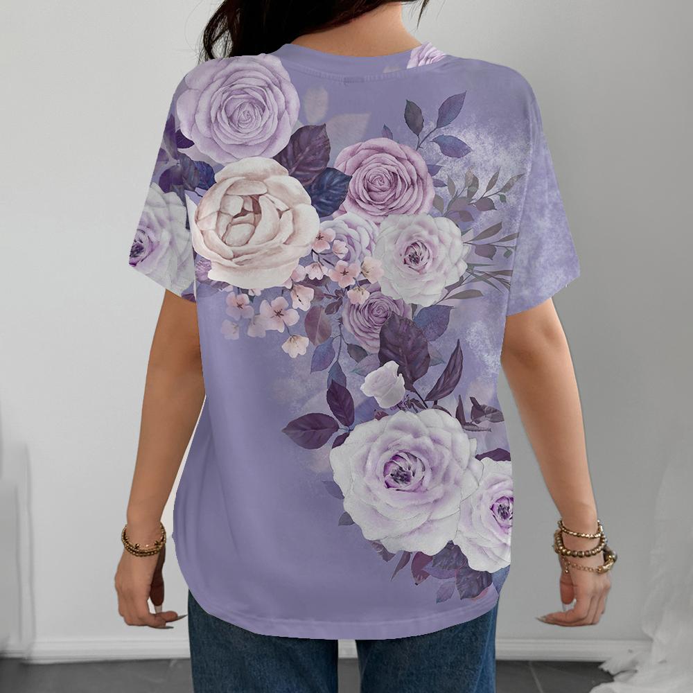 Sommer Elegantes und Frisches Damen-T-Shirt Grün und Lila Blumenmuster Damen Täglich Vielseitig Kurzärmliges Oberteil