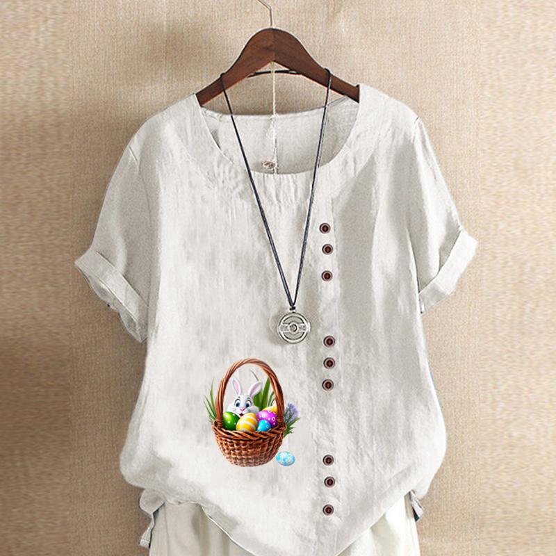 Women's Fashion Round Neck Short Sleeve T-shirt Casual Cotton Linen Graphic Shirt Leisure Loose Rabbit Prined Summer Blouse Tops