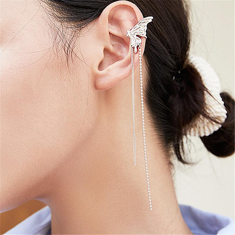 Simple Butterfly Ear Hanging Women'S Ear Clips Without Ear Piercings, High-End Niche Earbone Clips, Earrings, Long Fringed Elf Earrings, Tide