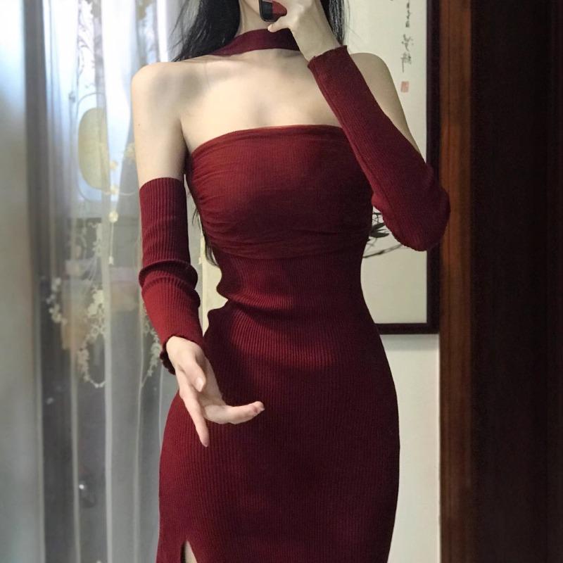 Christmas robe red thin neck tube top dress hip wrap winter women's clothes royal sister atmosphere