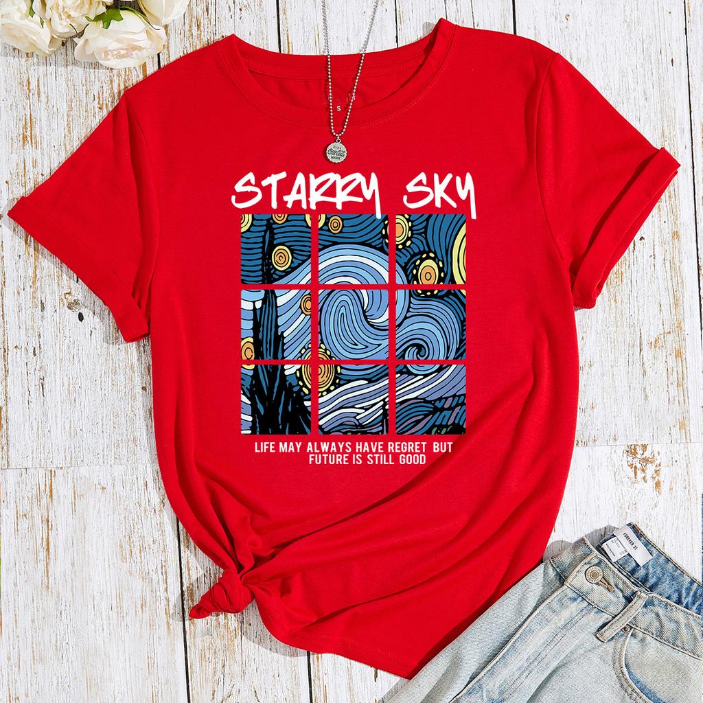 Bawełniany T-shirt Krótki Rękaw Okrągły Dekolt Damski Nadruk 2D Top