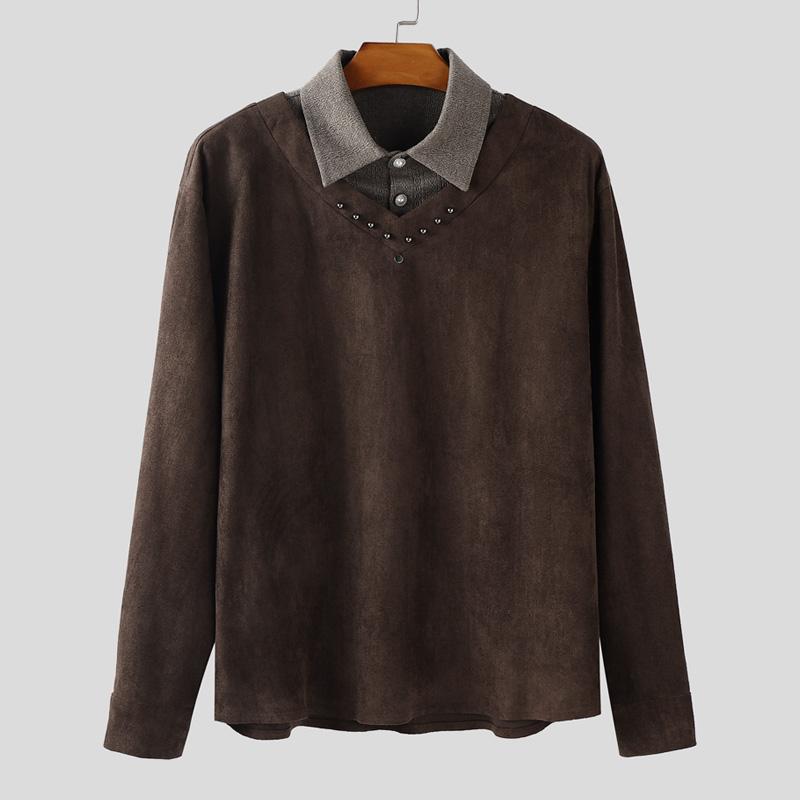 

INCERUN Spring Men Splicing Lapel Neck Long Sleeve Suede Casual Loose Pullovers S коричневый