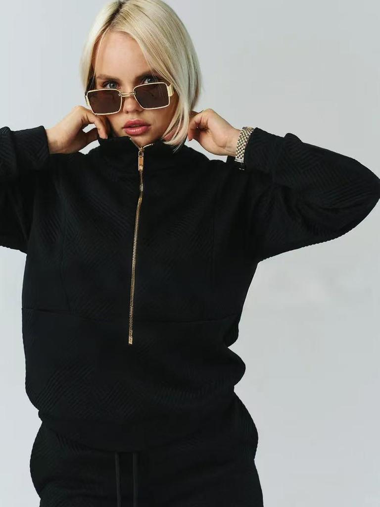 European & American Casual Women's Long-Sleeved Half-Zip Top with Tie-Up Pants Set