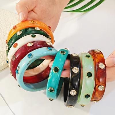 Multi-color Vintage Round Smudging Resin Bangles for Women Inlaid Rhinestones Geometric Chunky Bracelets Trendy Jewelry Gifts