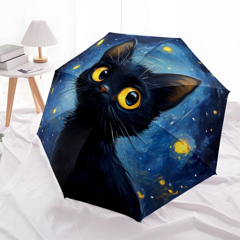 Night Cat  pattern, automatic folding umbrella, portable and foldable design, 8 ribs, a Christmas or birthday gift.