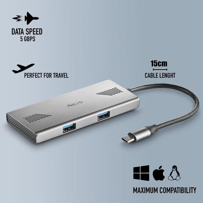 NGS WONDERDUO-C : Hub USB 4 portas (2 USB-C + 2 USB-A), transferência 5Gbps, USB 3.0, cabo 180mm, alumínio