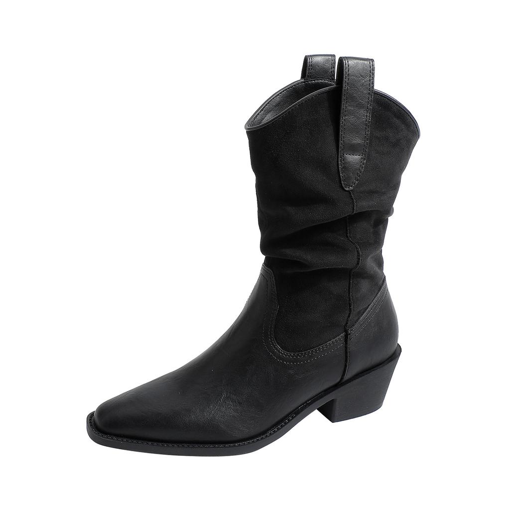 Maillard Knight Pile Pointed Boots Children 2025 Autumn and Winter New Coarse Heel Short Boots Medium Tube Retro Western Cowboy