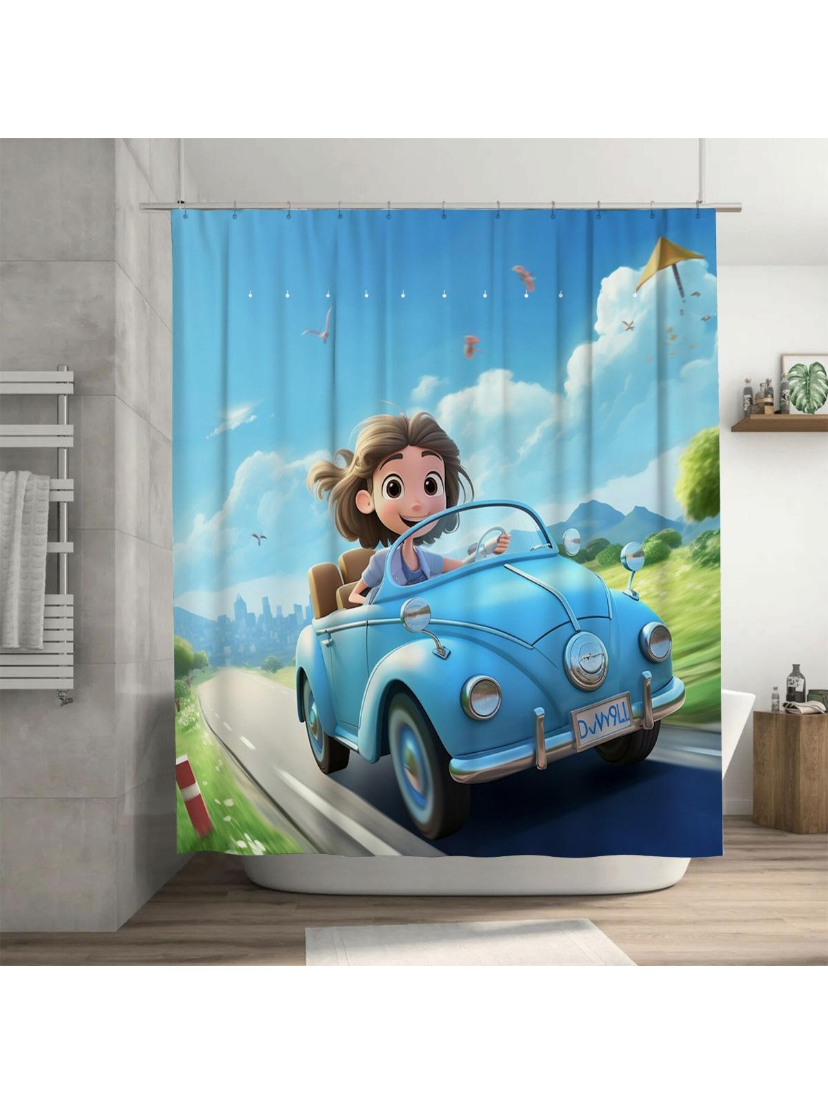 

Cartoon Girl Driving Car Shower Curtain | Fun and Vibrant Bathroom Decor 90X180cm