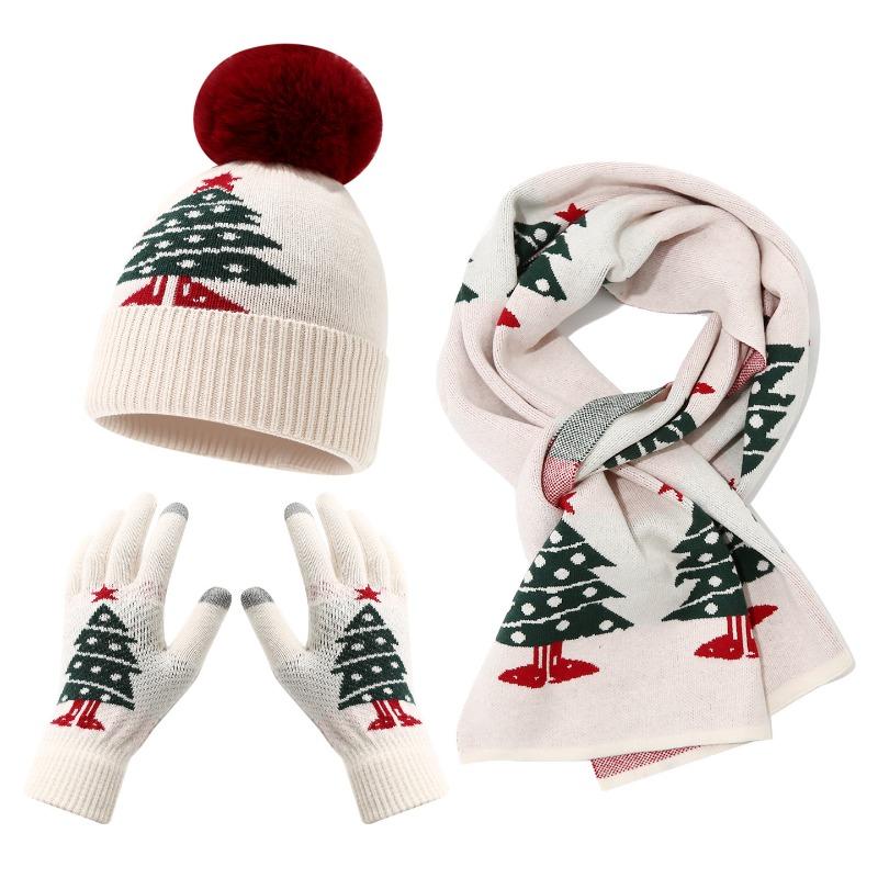 New Women's Christmas Tree Knitted Hat Scarf Glove 3-Piece Set Parent Child Winter Warm Knitted Hat