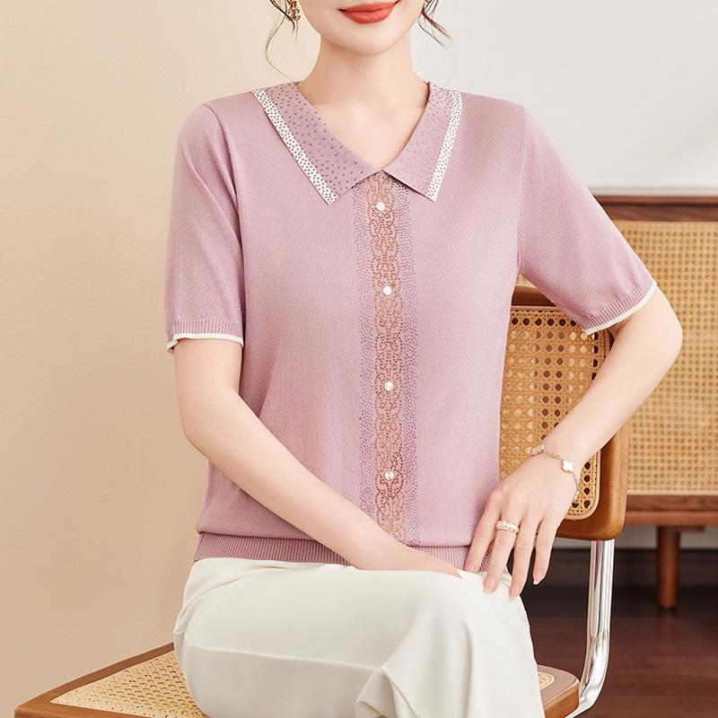 

2026 Ice Silk Short-Sleeve Lapel T-shirt: Trendy Knit Top for Moms & Elderly Women XL (recommended 100-110 catty) розовый/фиолетовый