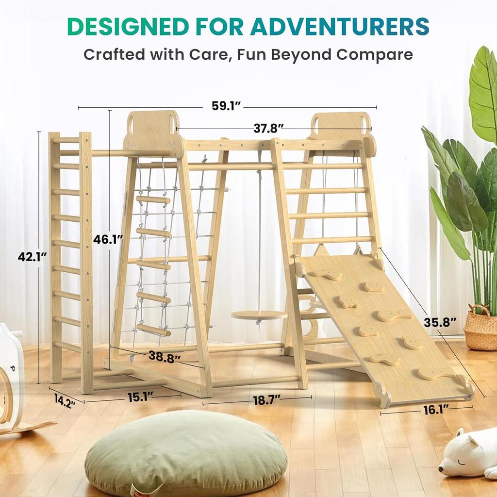 Wooden Indoor Children's Climbing Frame & Slide Set with Swing