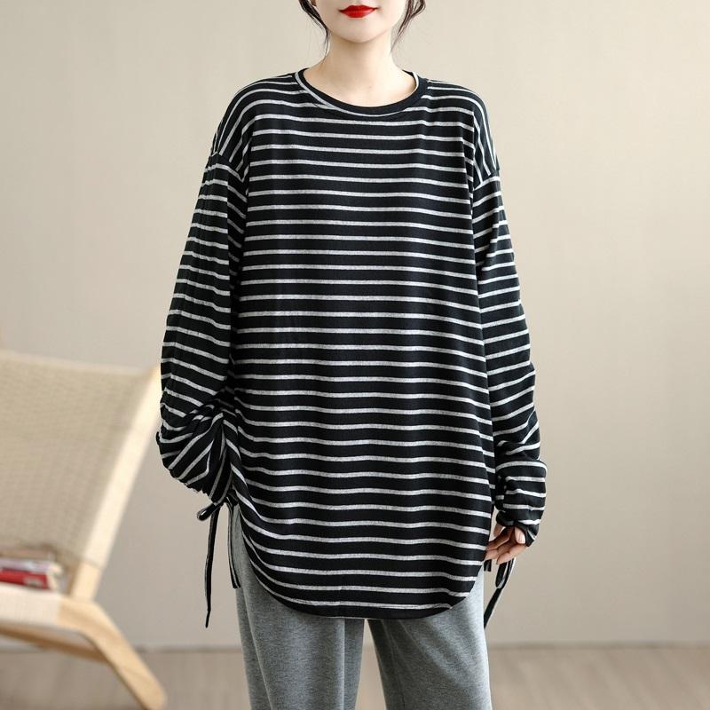 

Вязаная футболка оверсайз с длинным рукавом, в винтажную полоску, повседневная, свободного кроя, весенне-осенняя, топы, женская футболка чёрный