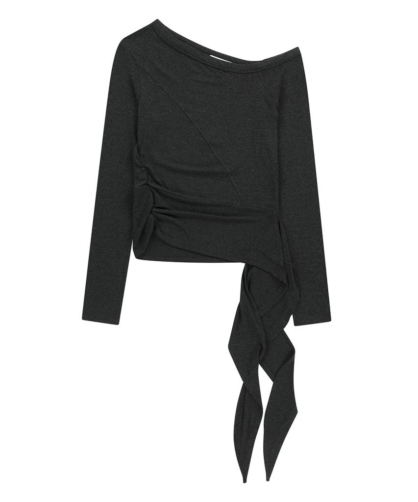 Saendeulig One Shoulder Unbalanced Strap T-Shirt_Charcoal