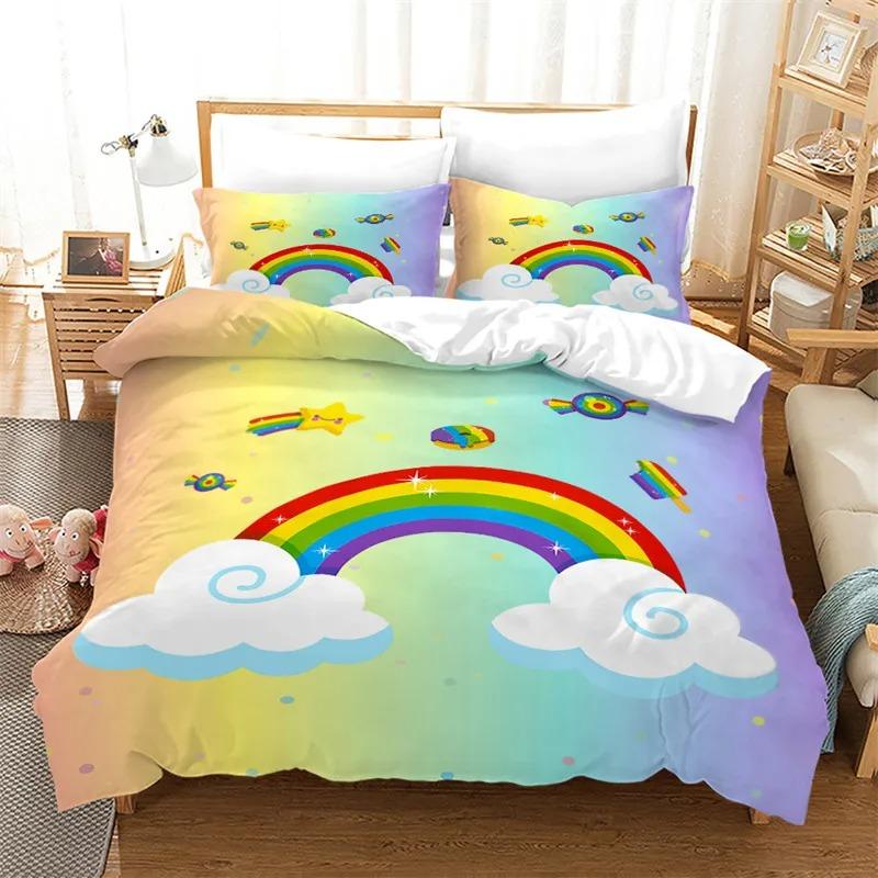 Rainbow Duvet Cover Twin Queen Kawaii Clouds Star Dream Castle Print Comforter Cover Microfiber Cartoon Bedding Set For Boy Girl