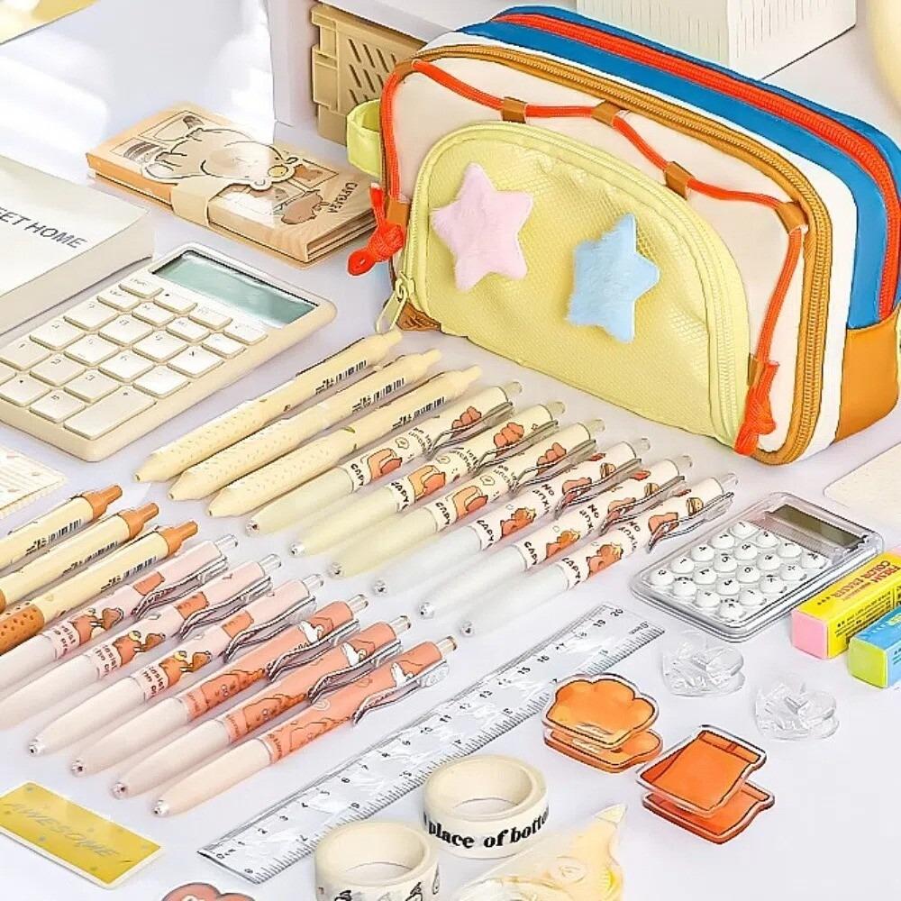 Multiple layers Pencil Cases with 2 Plush Stars Students School Supplies Large Capacity Pen Bag