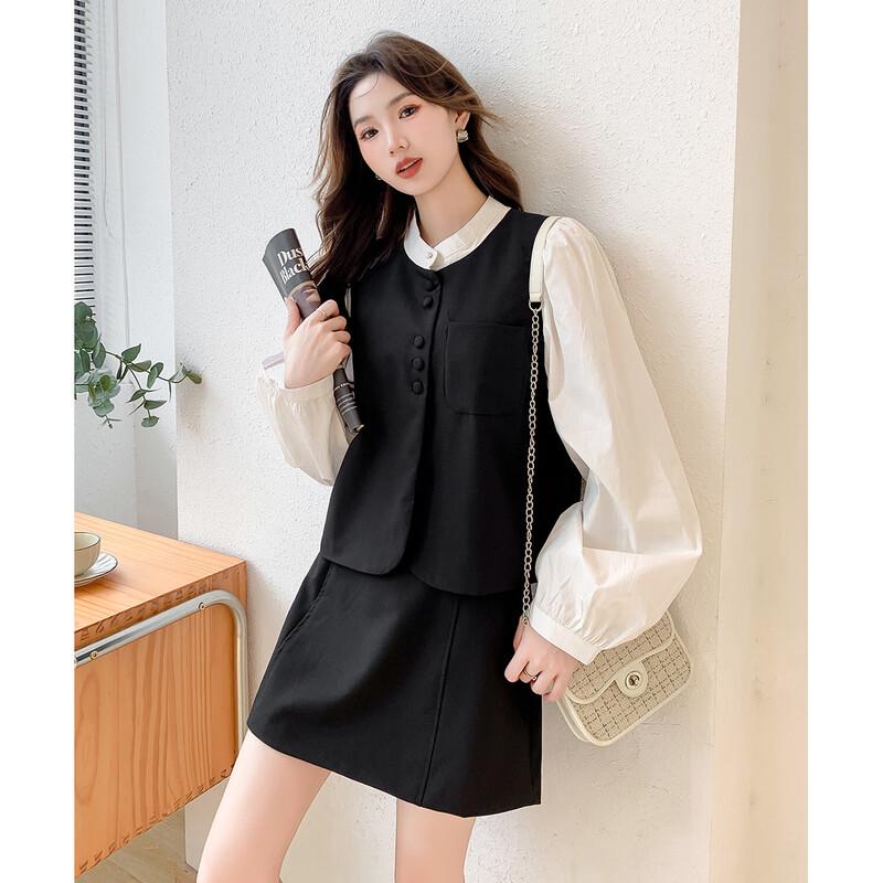 

MOCANA Women s Elegant Faux Two-Piece Shirt & Skirt Set S