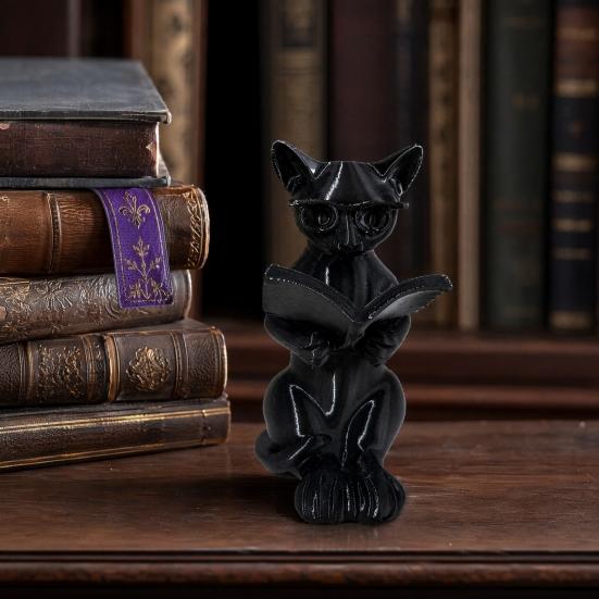 Cat Desk Decoration 3D Printed Reading Statue, Holding Book Glasses Figurine, Artistic Ornament Modern Decorative Animal Sculpture for Home