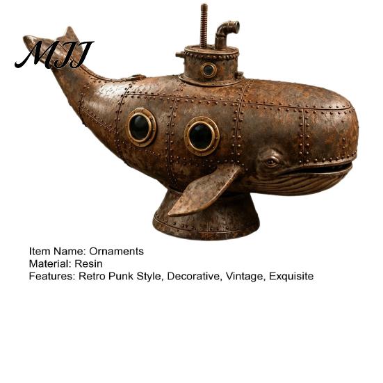 Retro Style Room Decor Vintage Mechanical Whale Sculpture, Futurism Steampunk Submarine Art Statue, Resin Aged Look Marine Statue Rivet Model for Home