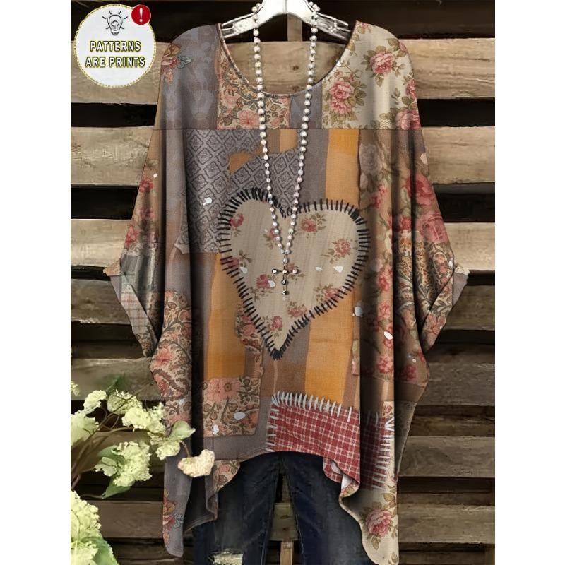 

Women s plus size Plus T-shirt, all-over short-sleeved with heart pattern stitching, versatile and fashionable round-neck loose T-shirt 1XL