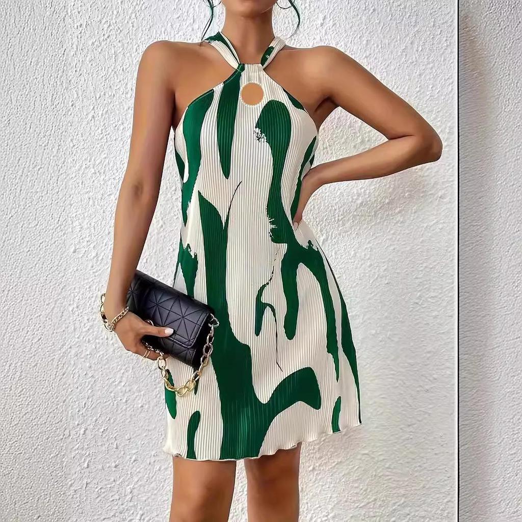 European and American Women's Striped Sleeveless Halter Dress - 2024 Collection