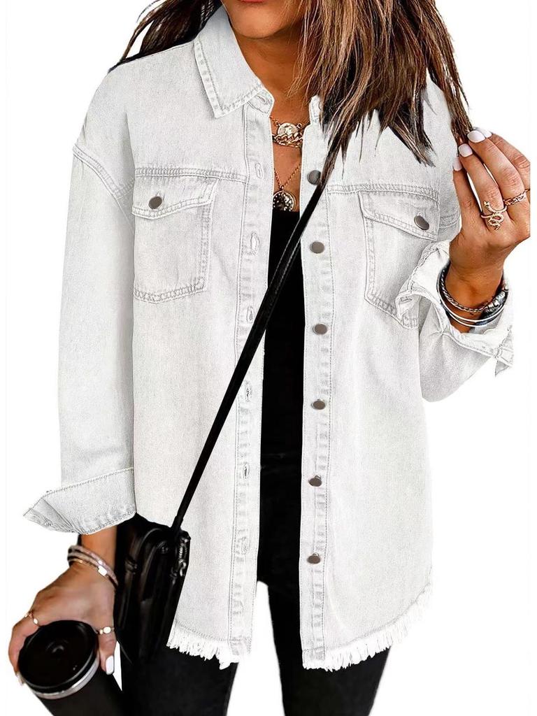 Women's Frayed Hem Denim Shirt Jacket - European & American Street Style for Autumn/Winter.