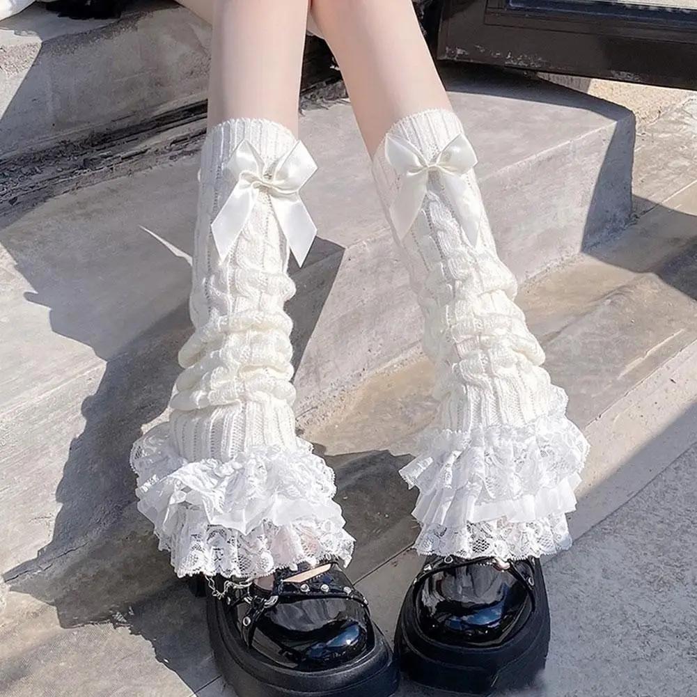 Japanische Damen-Beinwärmer aus Strick mit Schleife, gestufte Rüschensocken, Lolita-Spitzensocken für Mädchen, Waden-T-förmige Spitzen-Beinwärmer mit Horn für Damen