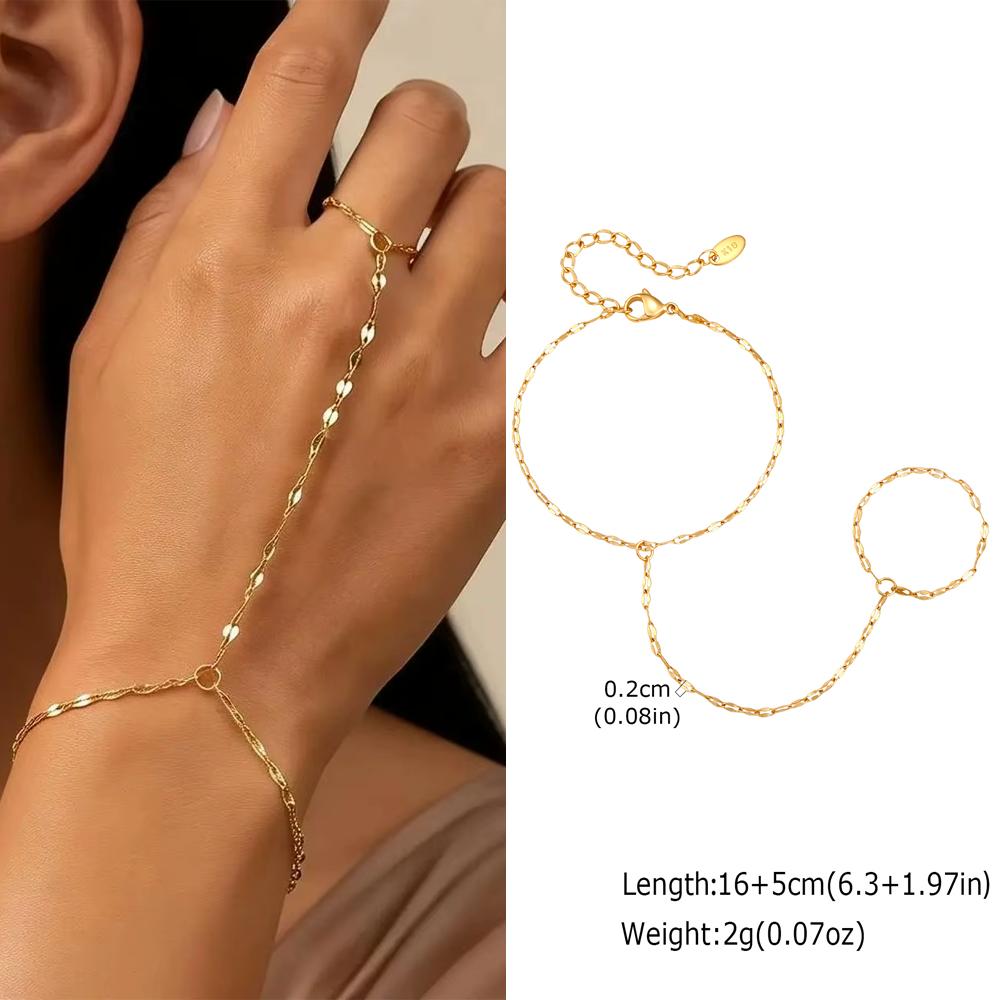 Luxury Minimalist Gold Plated Hand Chain Bracelets for Women, Thin Chain Finger Ring Bracelet, Elegant Stainless Steel Jewelry
