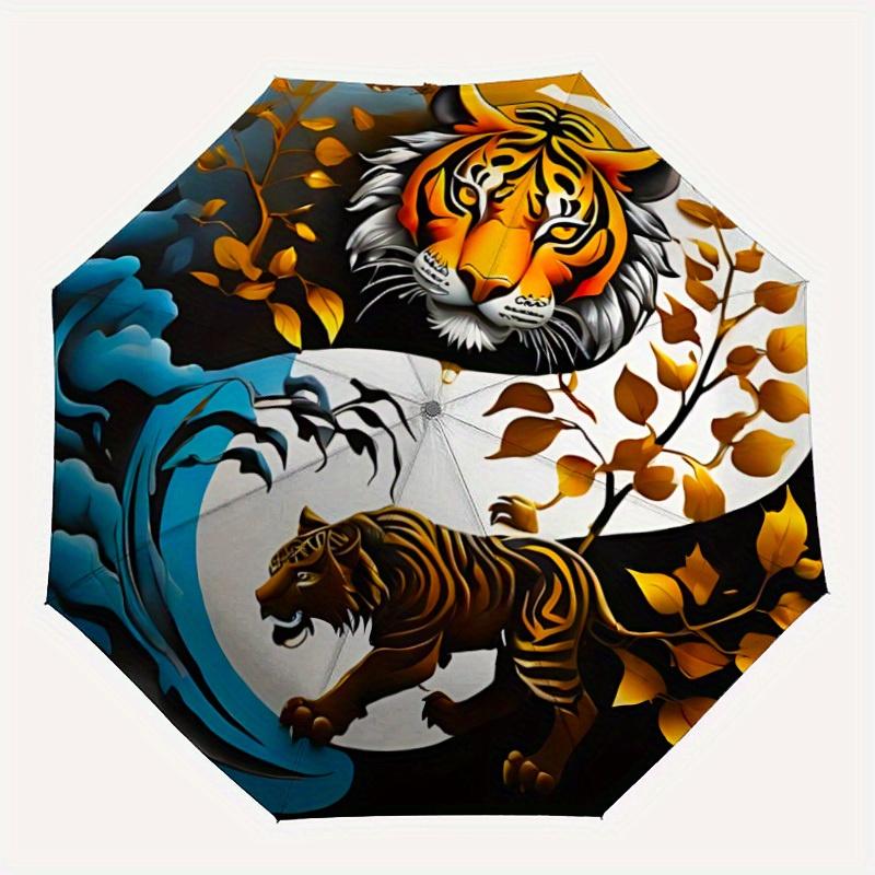

1pc Tiger YinYang Automatic Open/close, Heavy-Duty Iron Frame & 8-Rib structure, Compact Folding Umbrella for Women/Men, All-Season Travel, Halloween