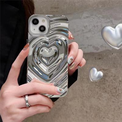 Luxury Electroplate Silver 3D Love Heart Water Ripple Phone Case for iPhone 14Pro Max 13 12 11 Pro Max Silicone Shockproof Cover