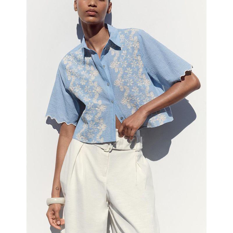 Summer New Product Women's Clothes Contrast Color Embroider Fashion Minimalist Short Sleeve Lapel Short Shirt Tops 3564074