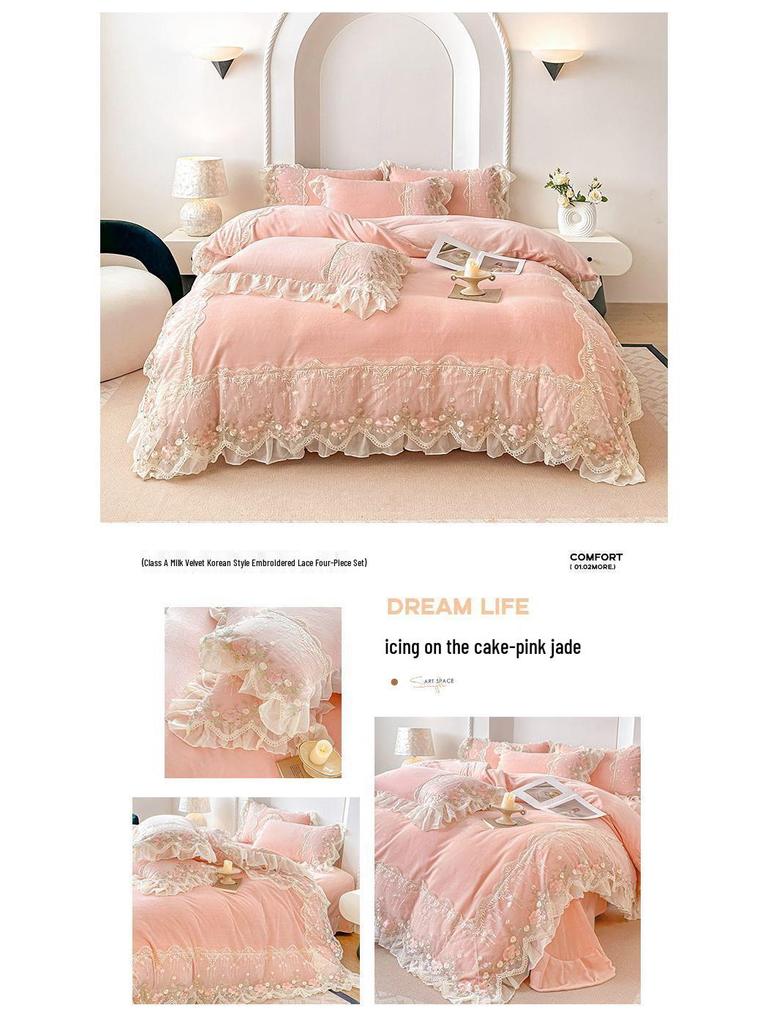 Koreanisches Prinzessinnen-Spitzenrand-Milchsamt-4-teiliges Set: Antistatische Korallenfleece-Bettlaken & Bettbezug