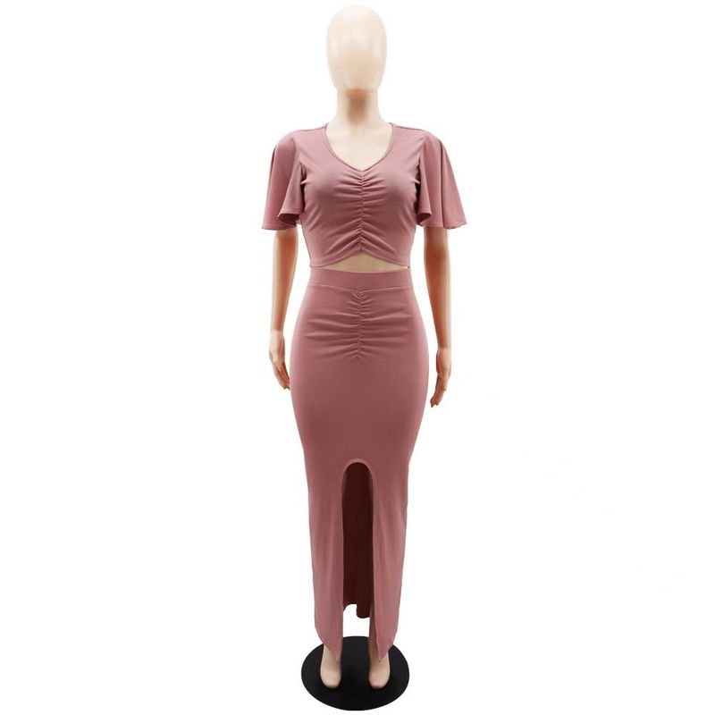 Western Style New Lotus Leaf Sleeve Navel V-neck Top Split Hip Skirt Two-piece Set Top and Skirt Set