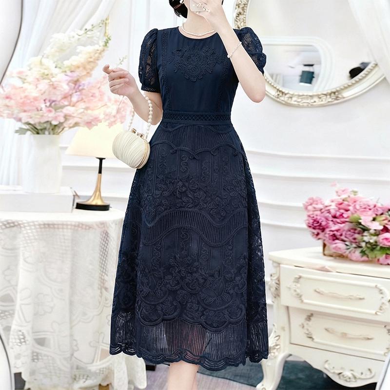 

ZANZEA Women Casual Round Neck Short Sleeve Summer Lace Dress 4XL темно-синього кольору
